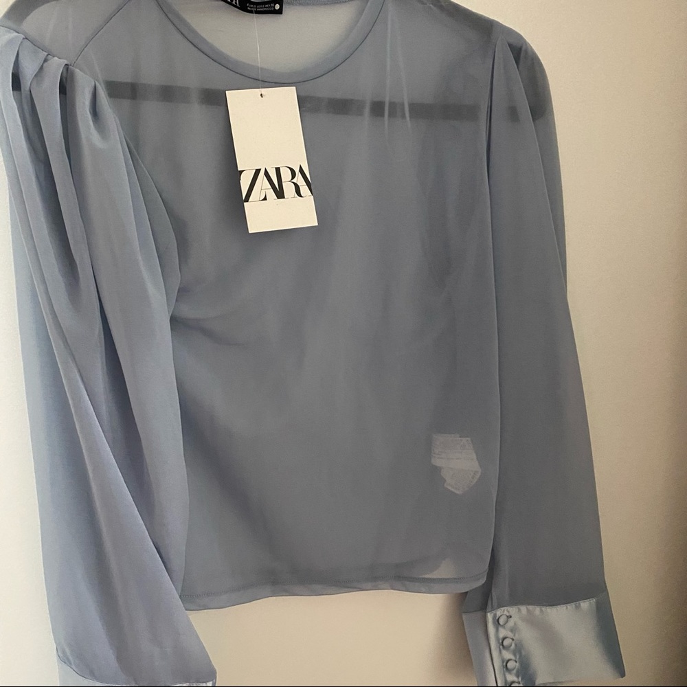 Satin Detail Blue Longsleeve Sheer Top